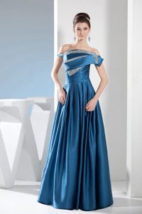 Teal Ruched Mother off-the-shoulder Dress for Wedding in Taffeta with Beadings