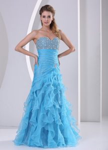 Baby Blue Beaded and Ruched Sweetheart Prom Dress for Wholesale Price