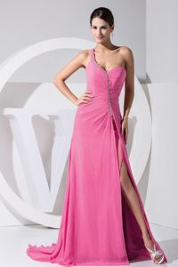 High Slit One Shoulder Perfect Prom Dresses with in Hot Pink