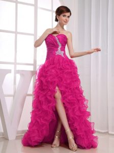 Affordable Sweetheart Hot Pink High Low Prom Outfit with Ruffles