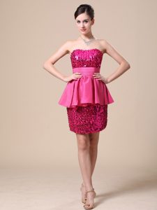 Column Strapless Mini-length Sequined Low Price Prom Dress in Hot Pink