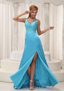 Discount High Slit Aqua Blue Straps Junior Prom Dresses with Beading