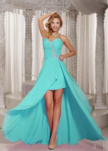 Elegant High Low Aqua Blue Sweetheart Ruched Prom Attire with Appliques