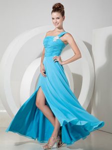 Aqua Blue One Shoulder Chiffon Low Price Prom Dress for Summer with Slit