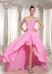 Affordable High Low Sweetheart Beaded Chiffon Prom Dress in Baby Pink