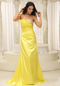 Yellow Strapless Inexpensive Prom Dresswith Beading and Ruching