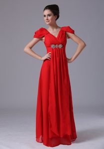 V-neck Empire Chiffon Short Sleeves Prom Gowns with Beading on Sale