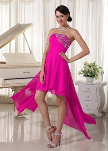 Hot Pink High Low Cheap Strapless and Ruched Prom Dress with Beading