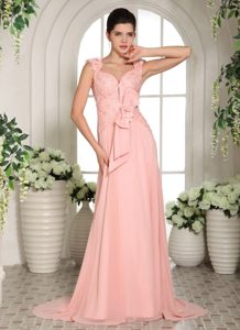 Affordable Baby Pink Straps Prom Gowns with Flowers and Brush Train