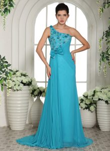 Baby Blue One Shoulder Prom Gown with Hand Made Flowers and Ruche