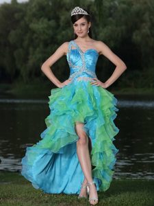 Inexpensive High-low Prom Dresses for Summer with Ruffles in Multi-color