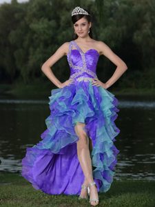 High-low Multi-color One Shoulder Prom Dress with Ruffles and Beading