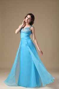 Aqua Blue Column Straps Prom Dresses for Girls with Beading and Ruche