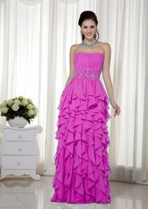Empire Strapless Chiffon Informal Prom Dresses in Hot Pink with Beading
