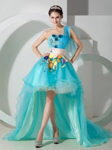Super Hot Aqua Blue One Shoulder High-low Dress for Prom with Appliques
