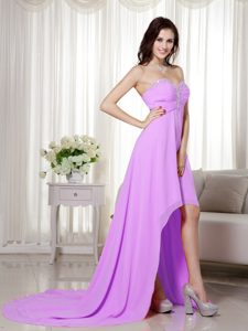 Rose Pink High-low Chiffon Prom Gown Dresses with Beading and Ruche