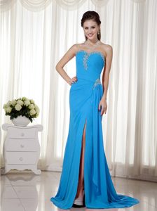 Discount Sheath Sweetheart Chiffon Prom Gown in Aqua Blue with Beading