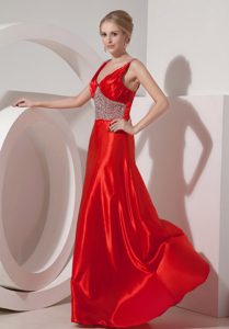 Modest Red Princess V-neck Prom Dresses in Silk Like Satin with Beading