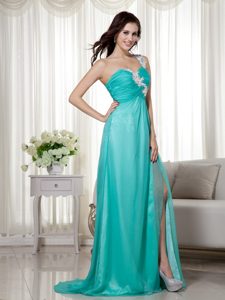 Turquoise Empire One Shoulder Prom Dress in Silk Like Satin and Chiffon
