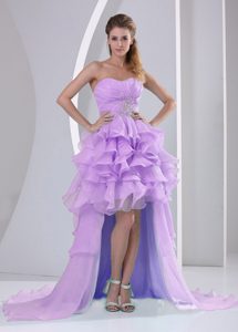 Lavender Organza High-low Prom Dress for Slim Girls with Ruched Ruffles