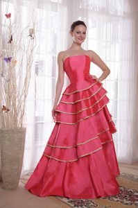 Coral Red Princess Strapless Formal Prom Dresses in Satin with Ruffles