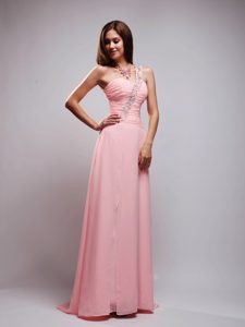 Empire One Shoulder Prom Attires in Baby Pink with Beading and Ruche