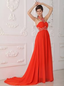 Nice Red Empire Halter Chiffon Prom Gown with Beading and Court Train