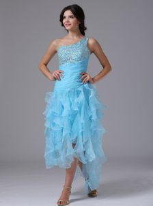 High-low One Shoulder Prom Dress for Summer in Aqua Blue with Beading