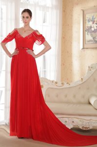 Red V-neck Chapel Train Chiffon Prom Dress for Slim Girls with Beading