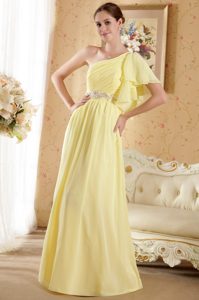 Beaded and Ruched Yellow One Shoulder Prom Dresses for Long Girls