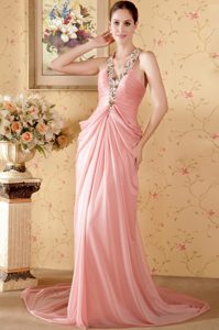 Elegant Watermelon Halter Prom Dress for Girls with Beading and Ruche