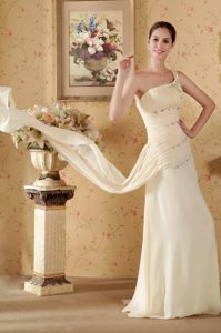 Champagne Column One Shoulder Junior Prom Dress with Watteau Train