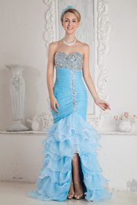 Sky Blue Mermaid Split Semi-formal Prom Dress with Ruffles and Beading