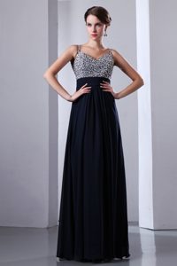 Hot Dark Navy Blue Straps Chiffon Dress for Prom with Colorful Beading