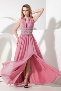 Sexy Rose Pink Empire Halter Prom Gown Dress in Chiffon with Beading