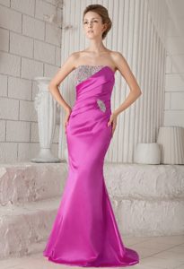 Beaded Mermaid Strapless Prom Gown in Elastic Woven Satin in Fuchsia
