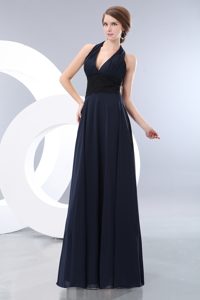 Wholesale Price Navy Blue Empire Halter Prom Dress with Lace in Chiffon