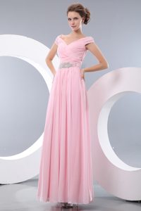 Sweet Baby Pink Empire V-neck Prom Dress for Petite Girls with Beading