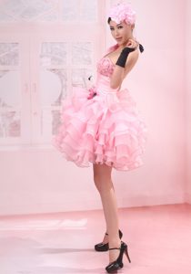 One Shoulder Organza Formal Prom Dresses in Pink with Ruffles