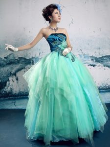 Turquoise Strapless Organza Prom Outfits with Hand Made Flowers