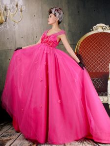Beautiful V-neck Cap Sleeves Hot Pink Prom Gown Dresses with Flowers