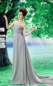 Grey Strapless Ruched Prom Dress for Summer in Chiffon with Court Train
