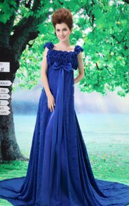 New Royal Blue Square Prom Dress for Slim Girls with Flowers and Lace