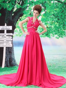 Hot Pink Halter and Prom Dresses for Long Girls with Beading in Chiffon