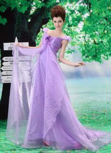 Off Shoulder Lavender Organza Prom Dresses for Girls with Flower