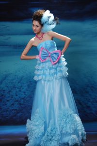 Appliqued Aqua Blue Junior Prom Dress with Bowknot and Ruffled Layers
