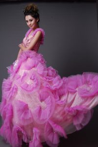 Pink Senior Prom Dresses with Hand Made Flowers and Beading in Tulle