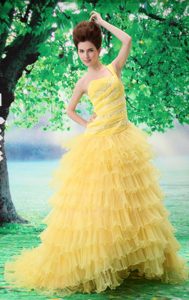 Yellow Layers Ruffled Informal Prom Dresses with Appliques and Beading