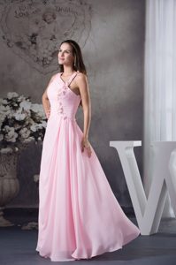 Asymmetrical Long Pink Dress for Prom with Beading and Flowers