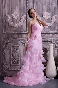 2013 Rose Pink Column Sweetheart Prom Gown with Ruche and Beading